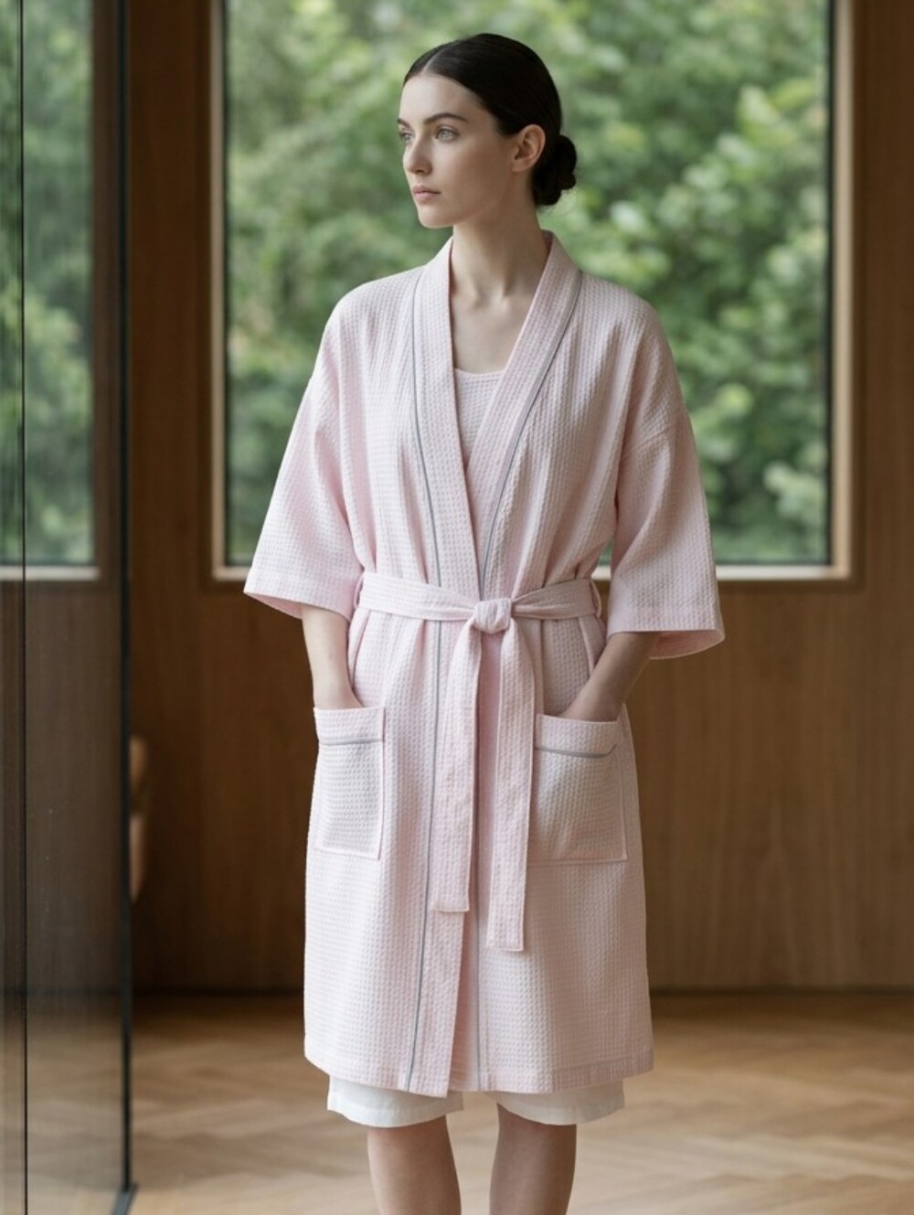 Basic Waffle Kimono Mini Short Sleeve Blush Robe Sz M